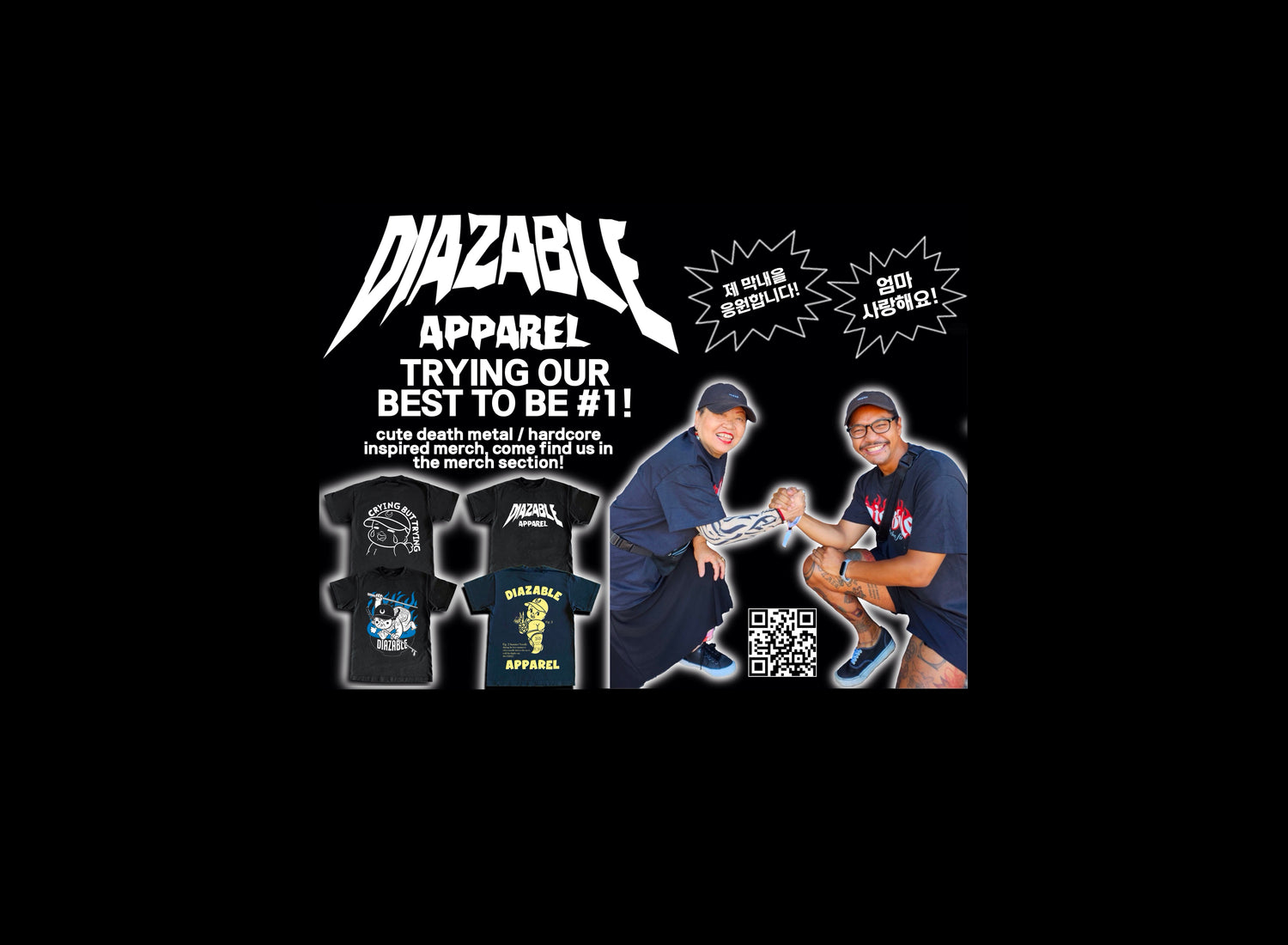 Discover Diazable, where hardcore meets cute! Explore our unique fashion for fans of death metal, hardcore, tattoos, and adorable designs. Proudly supporting small businesses in San Antonio, Texas, and Seoul, South Korea.